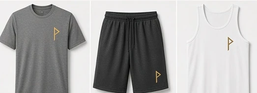 Hamr tee, shorts, and tank with gold rune mark